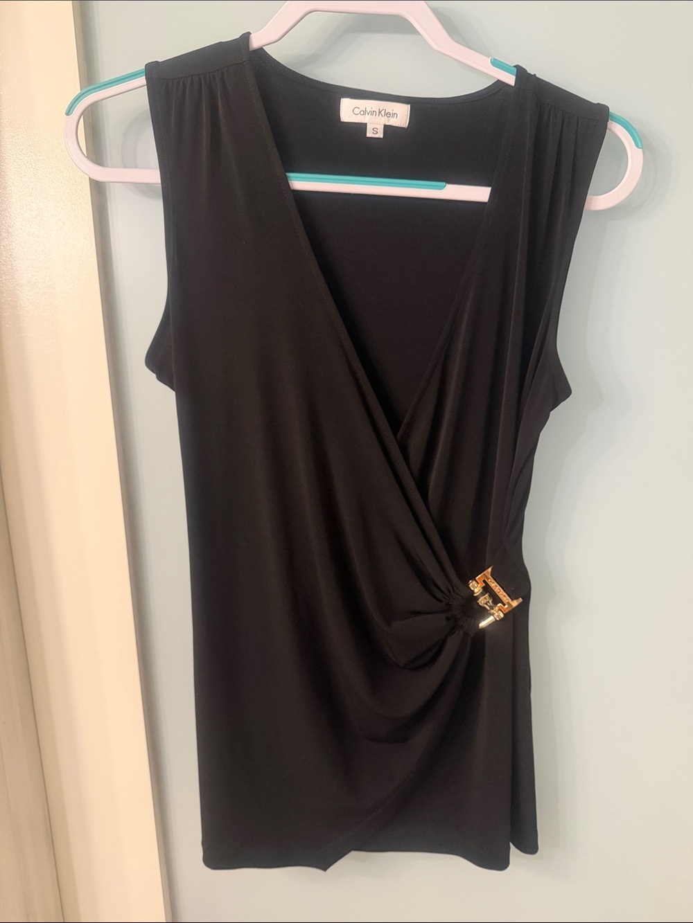 Calvin Klein Black Sleeveless Faux-Wrap Top with Gold Hardware